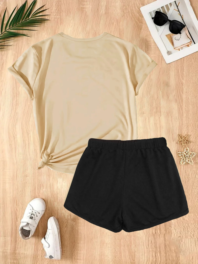 2pcs Women's Y2K Elegant V-Neck Short-Sleeve Blouse & Matching Shorts.