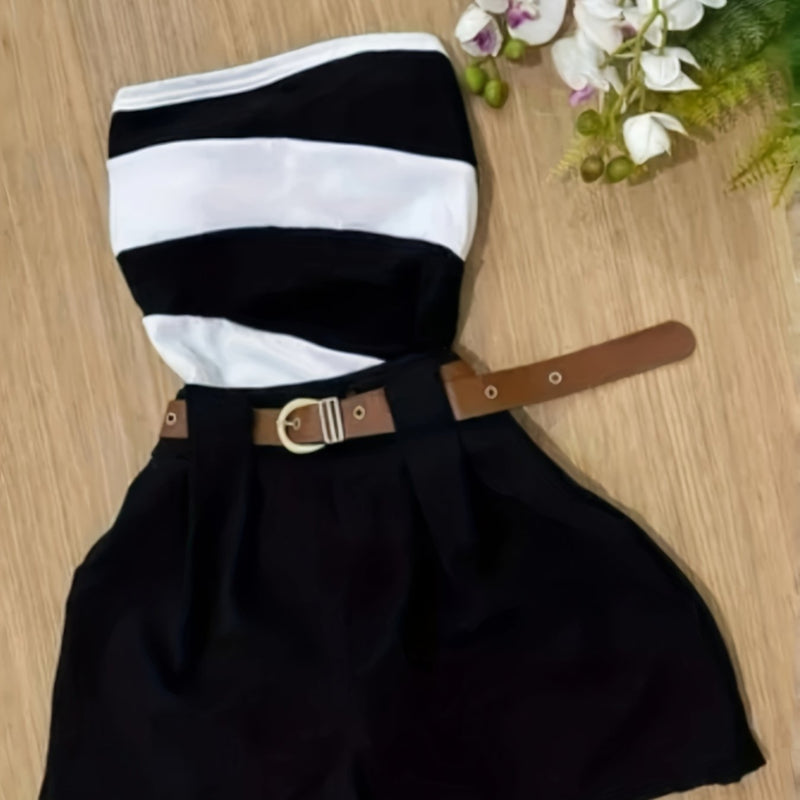 Women’s -Blocked Strapless Fitted Top Paired with Versatile Casual Shorts.