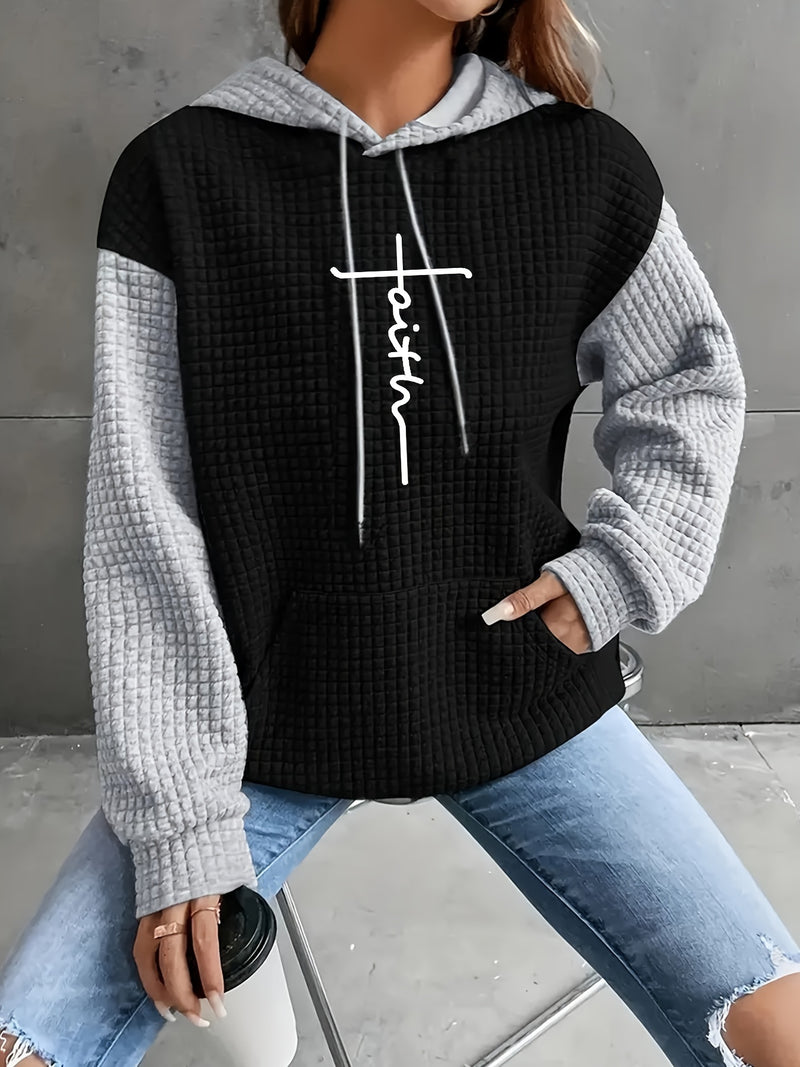 Women's Casual Oversized Hoodie with Checkered Texture & Letter Print.