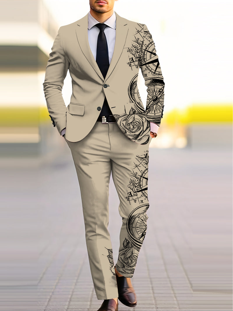 Men's Suit Set: Printed Business Suit Jacket and Trousers 2pcs Set.