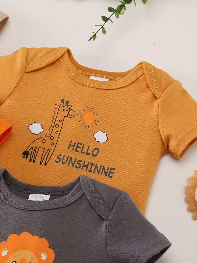 5pcs Set for Baby Boys Featuring a Cartoon Orange Lion Print.
