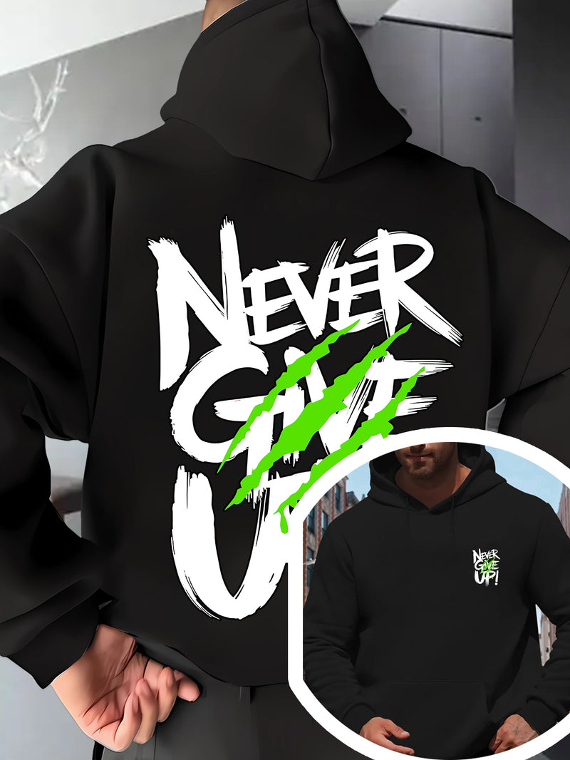 Men's Red Hoodie with "Never Give Up" Print.