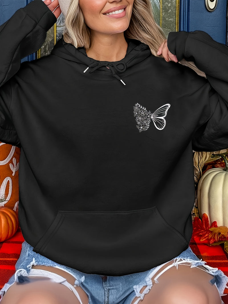 Women's Casual Black Hoodie with Exquisite Butterfly and Floral Design.