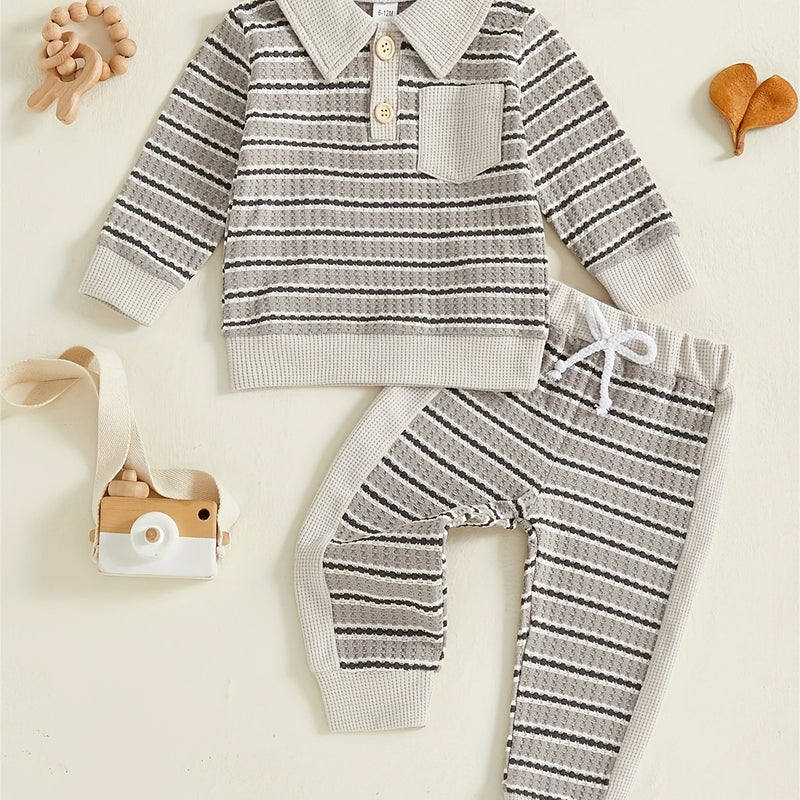 Toddler Boys Waffle Stripe Lapel Collar Sports Set.