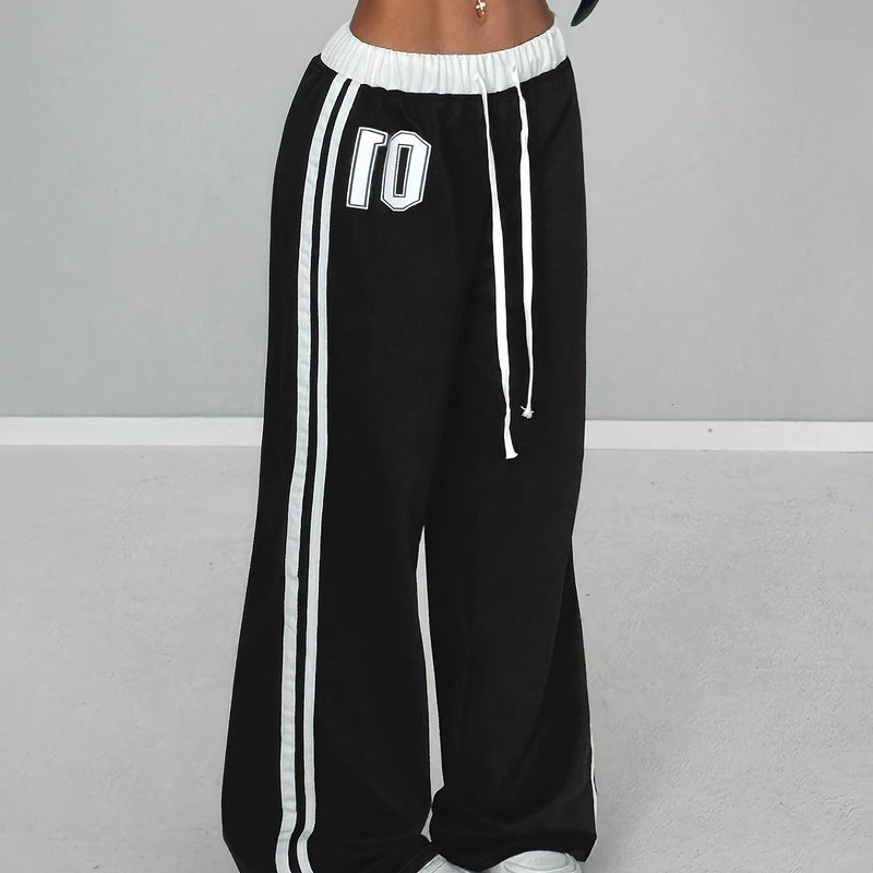 Women'S Color Block Number Print Belt Stitching Casual Street Loose Long Pants.