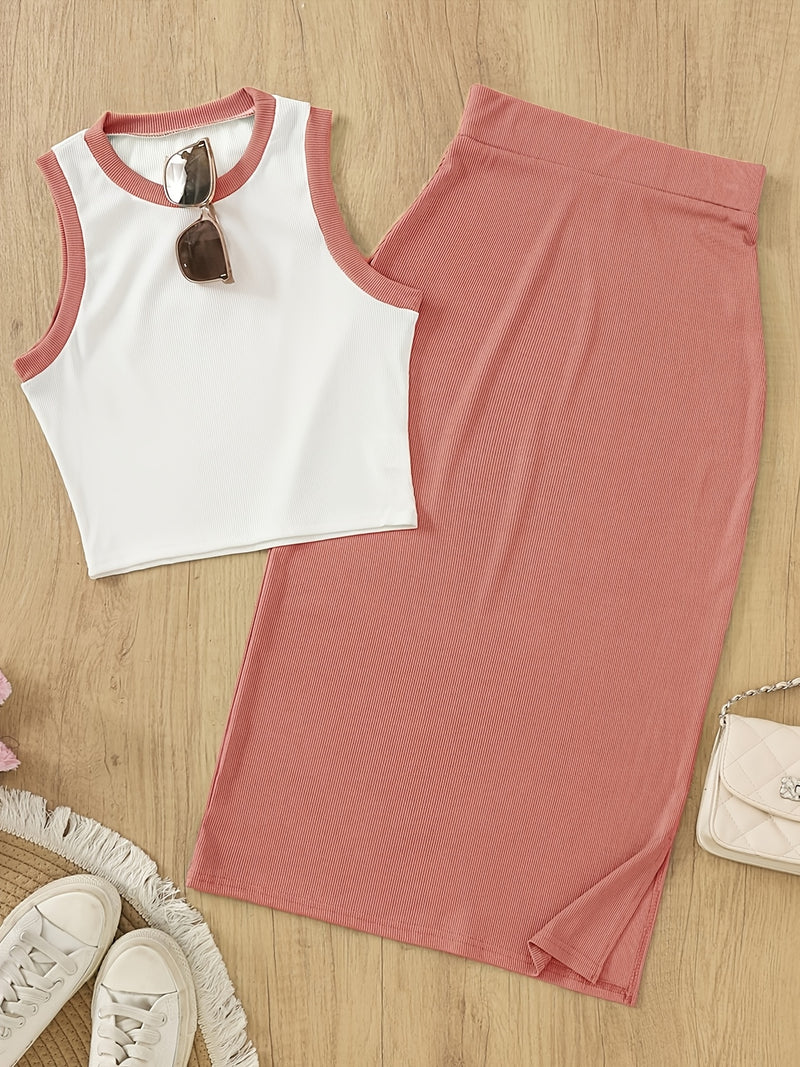Women's Sleeveless Waistcoat and Split Skirt Set.