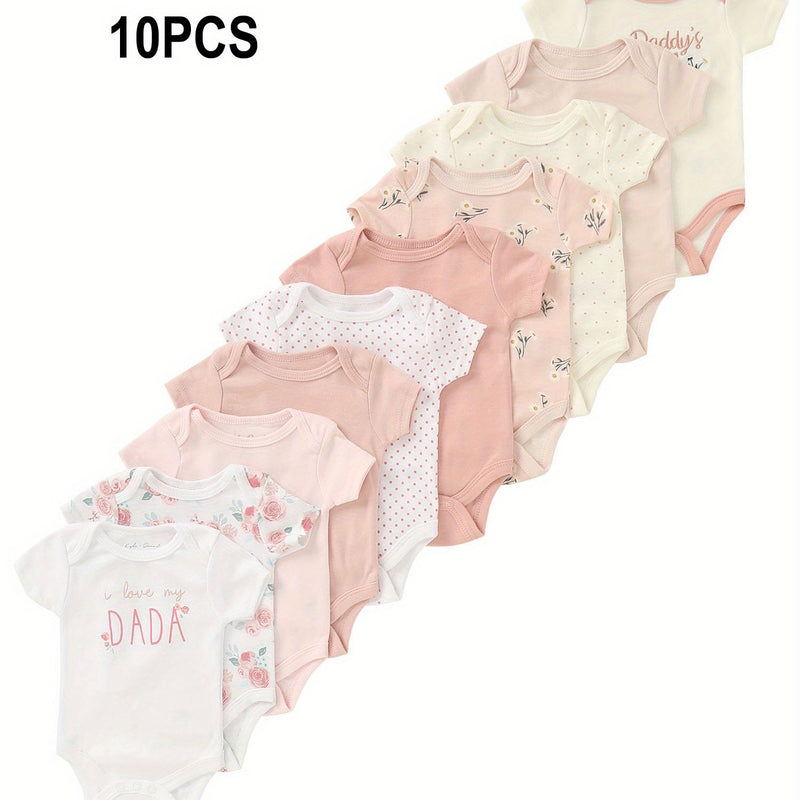 10pcs Newborn Baby Girl Romper with Letter Embroidery.