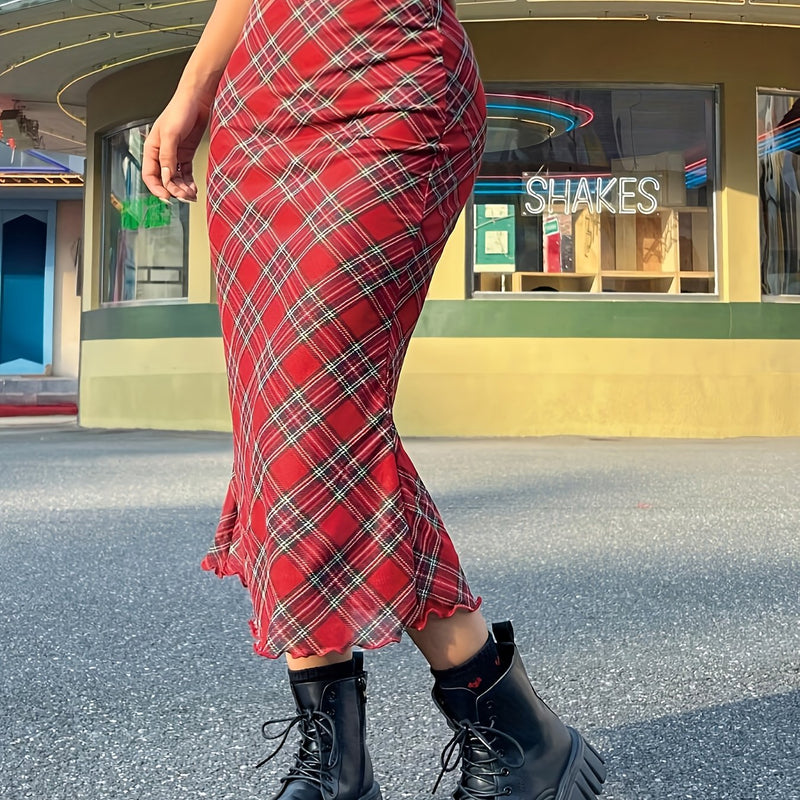 Women's Spring/Summer Floral Ruffle Hem Midi Skirt with Plaid Print.