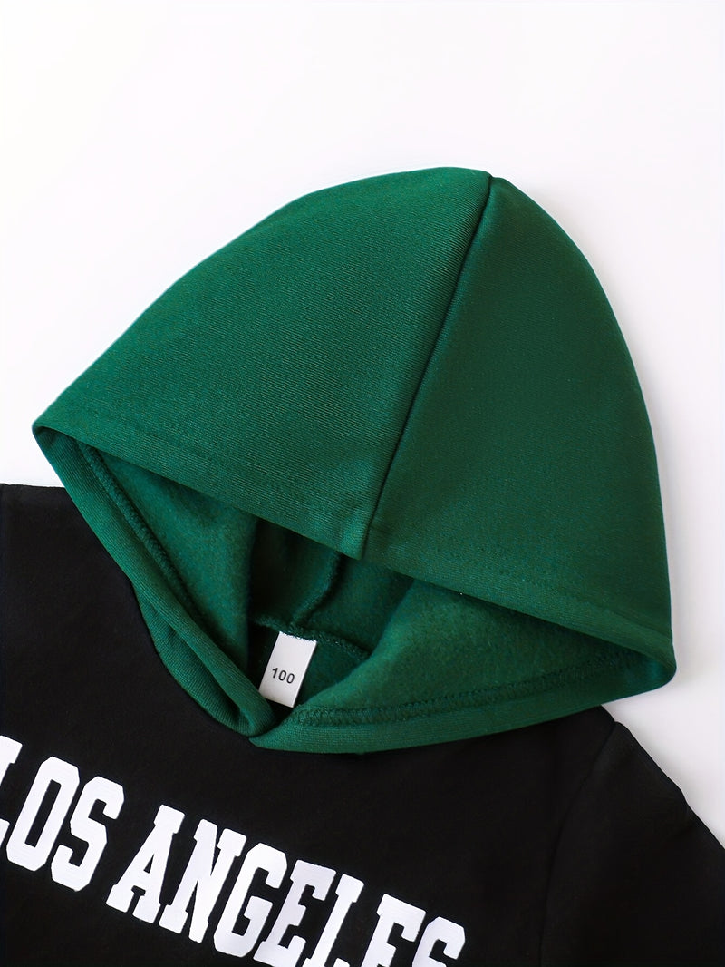 2pcs Boys Autumn/Winter Fleece-Lined Hooded Sweatshirt and Pants Set.