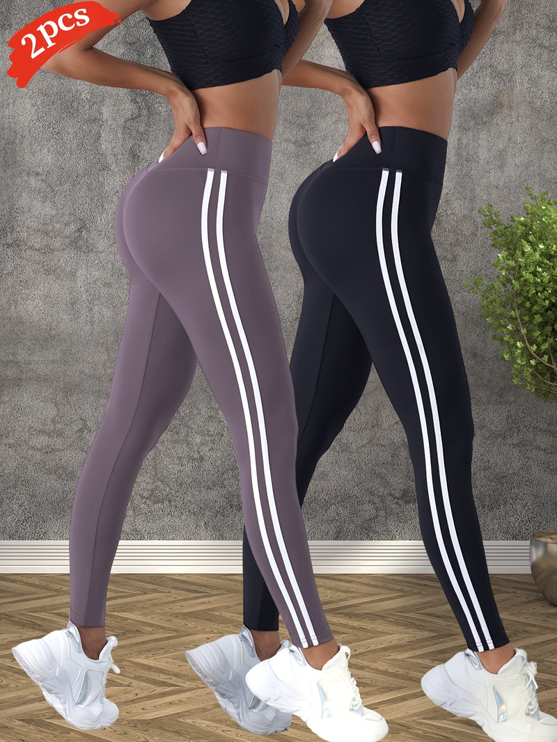 2pcs Women's Side Stripe Yoga Pants, High-Waisted Outdoor Sports Leggings.