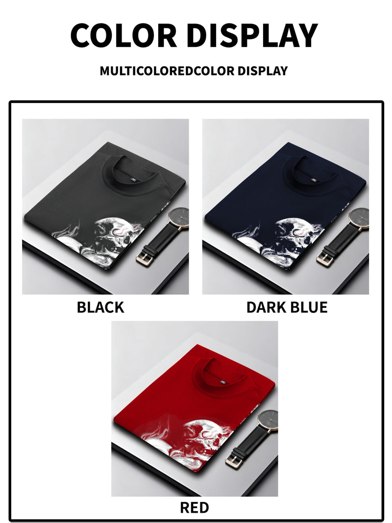 Men's Fall Three Skull Print Casual Comfort Long Sleeve Crew Neck T-Shirt.