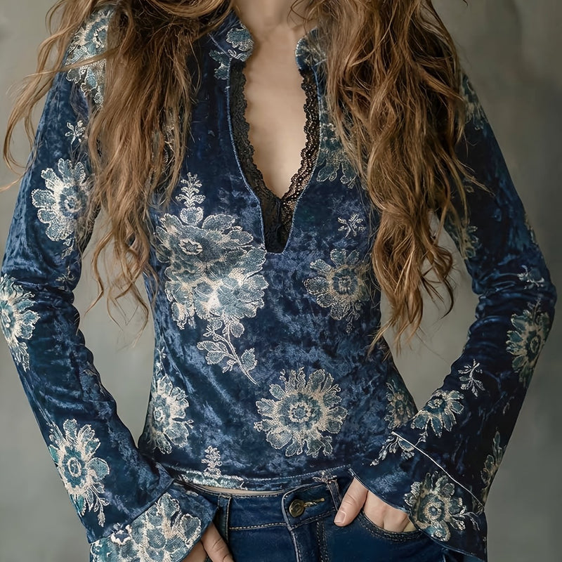 Women's Vintage Blue Floral Velvet Blouse, Lace Bell Sleeve Deep V-Neck Top.