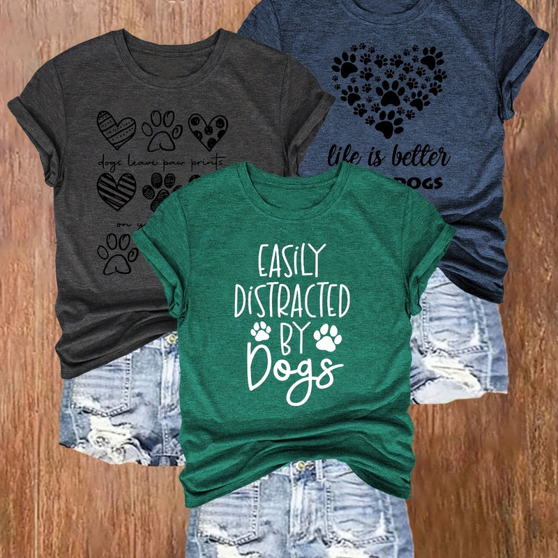3pcs Women's Casual Dog Lover Graphic T-Shirts.