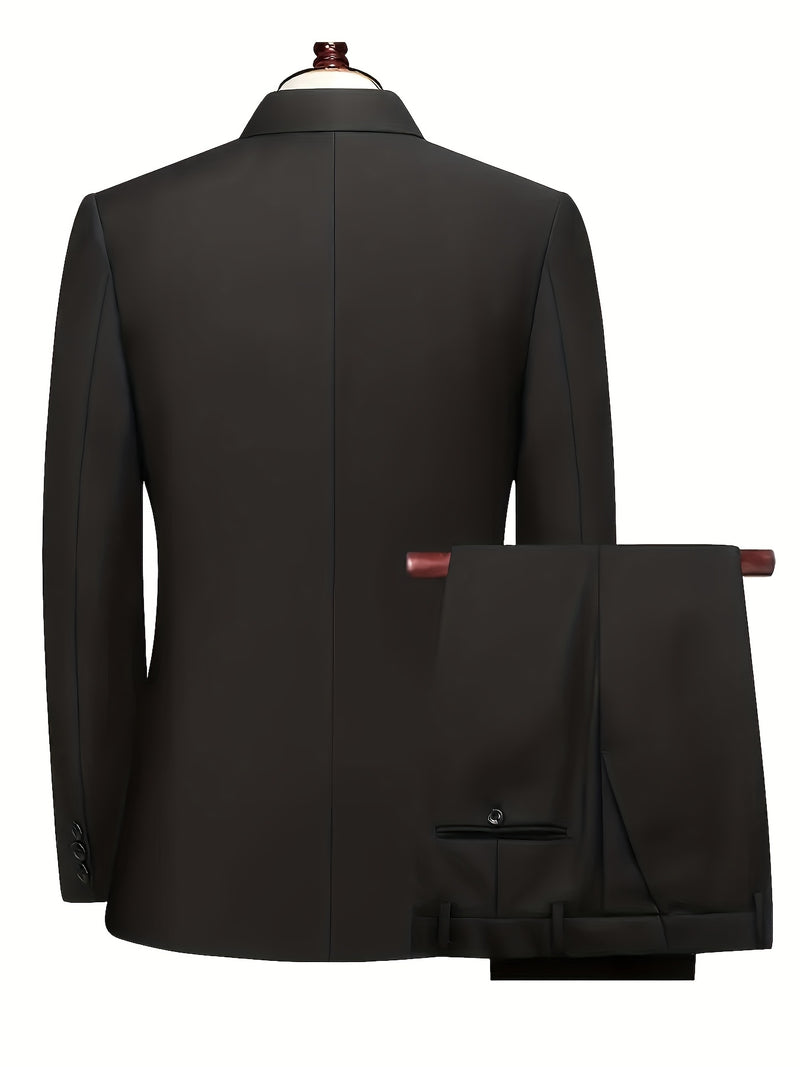 Men's 2pcs Suit, Double-Breasted Notch Lapel Solid Color Blazer and Pants Set.