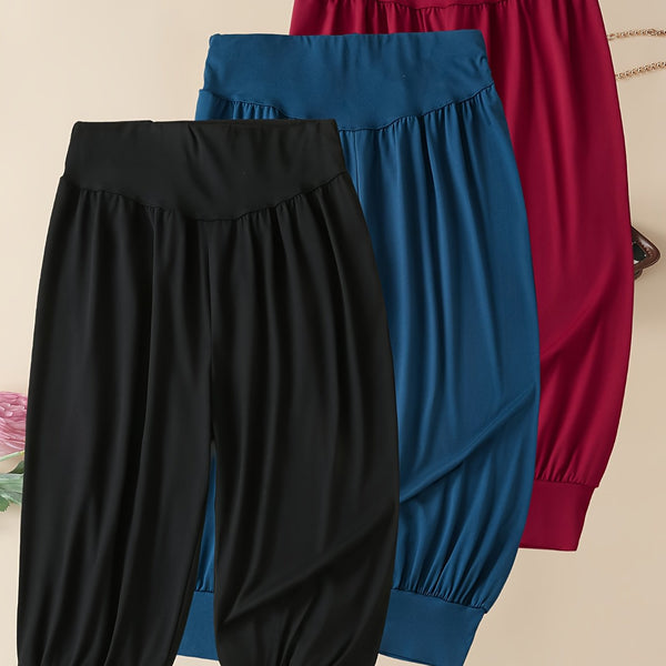 3pcs Women's 7/8 Harem Pants - Casual Stretch Polyester.