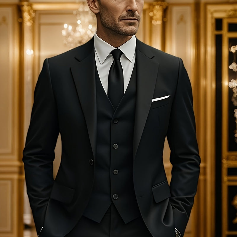 3pcs Suit Set for Men, Single-Breasted One-Button Black Suit And Trousers Set.