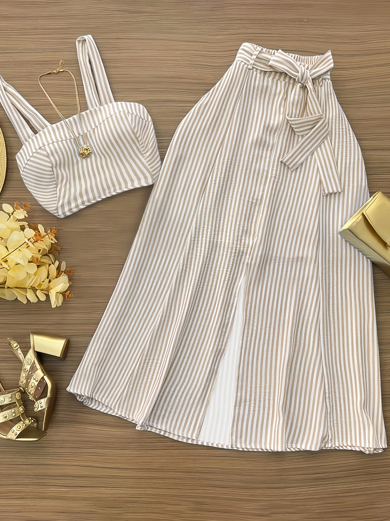 Women's Fashion Casual Commuter Striped Vest and Midi Skirt 2pcs Set.