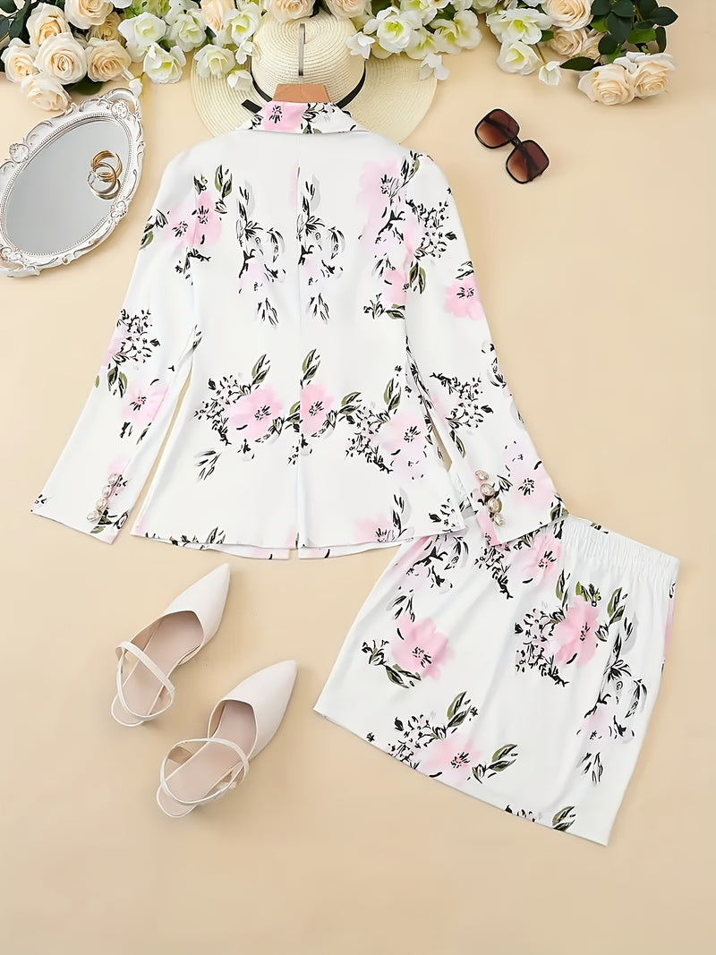 Women's Elegant Floral Print Blazer & Skirt Set.