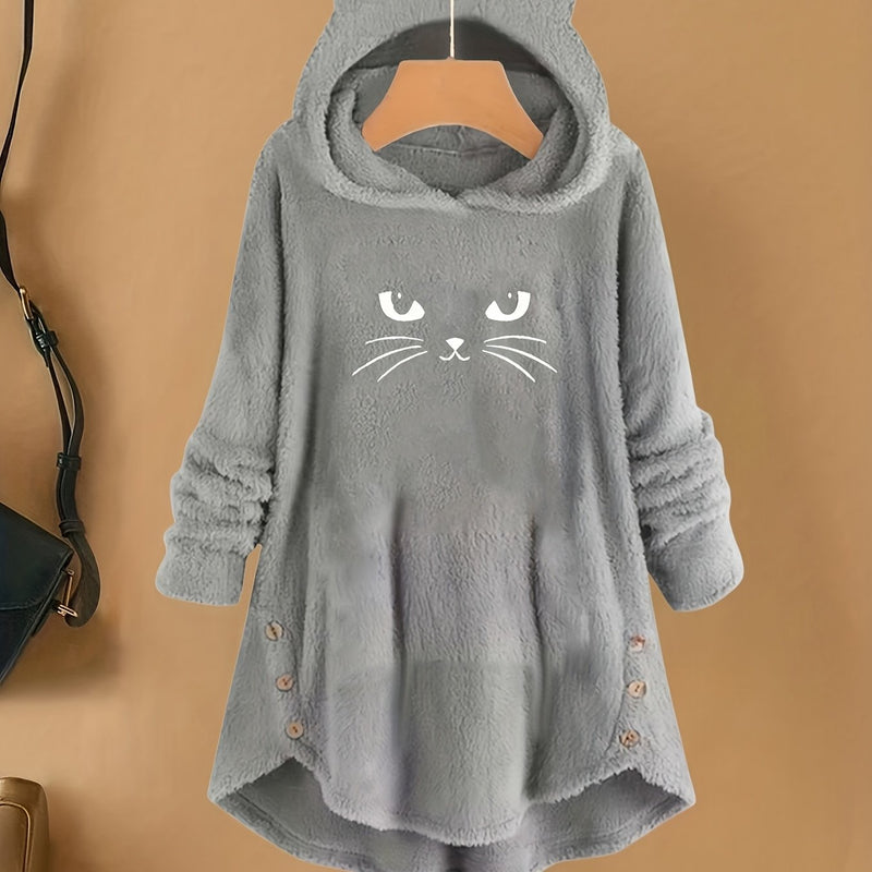 Women's Fashion Fluffy Embroidered Cat Ear Casual Hoodie.