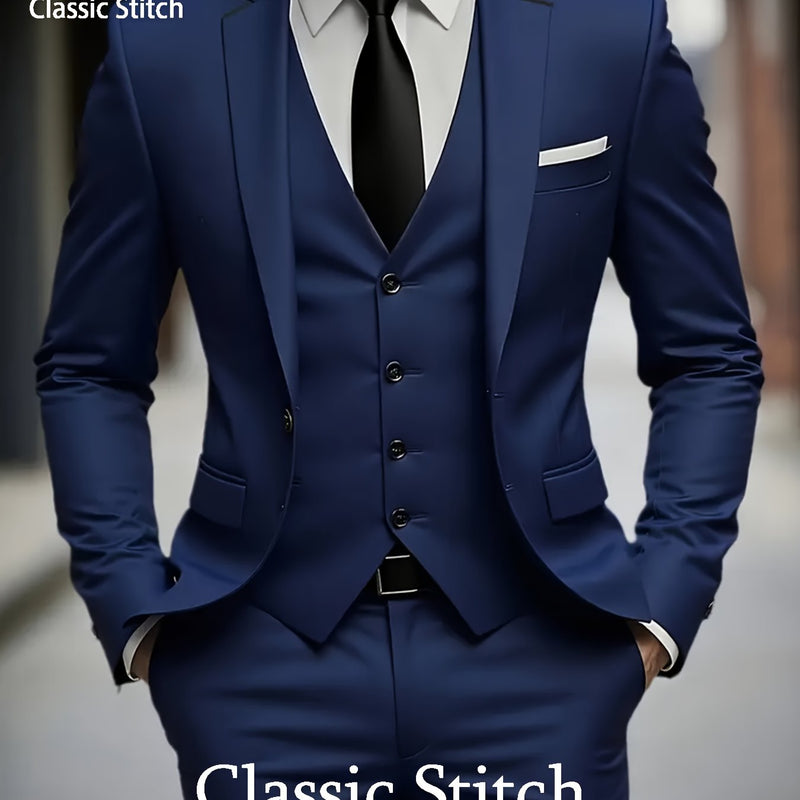 Men'S Three-Piece Suit with a Sophisticated Notch Lapel, Suitable for Weddings.