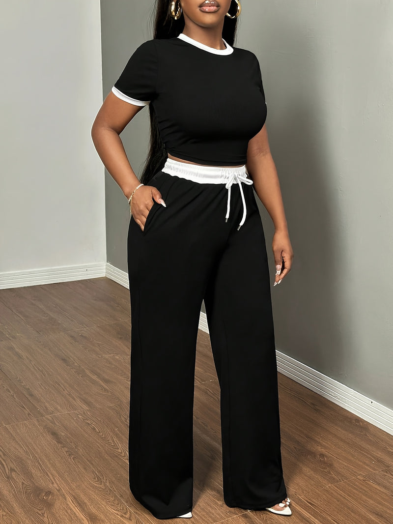 Women's Sexy Color Block Short-Sleeved T-Shirt And High-Waisted Belt Bandage Trousers.