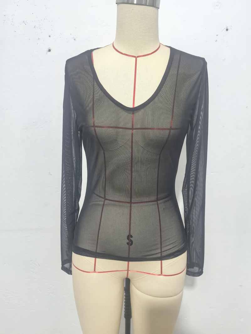Women's Mesh Solid Color Sheer Sexy Stretchy Bodycon Thin Long-Sleeve Top.