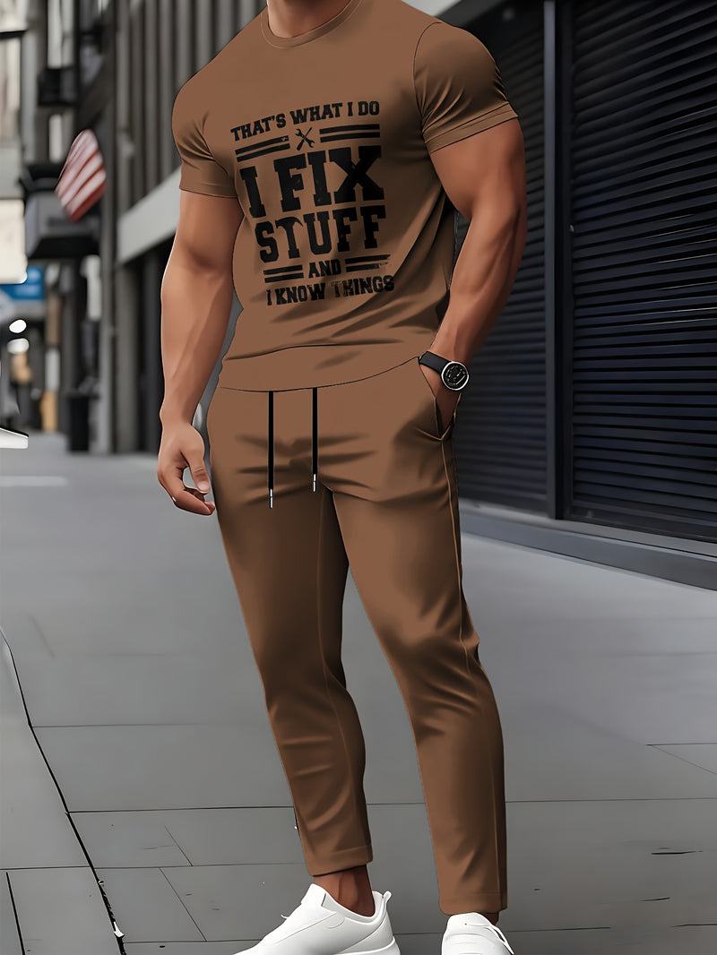 Men's Casual Sports Brown Letter Print Set.