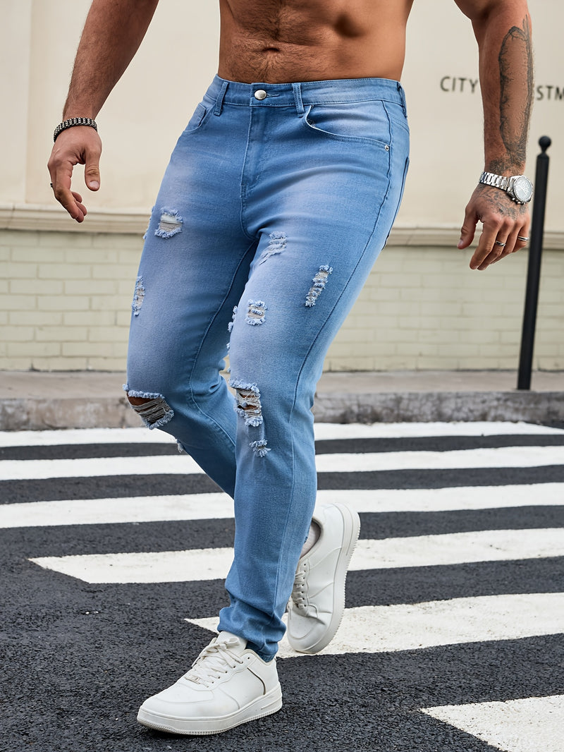 Men's Skinny Ripped Jeans Medium Stretch, Solid Color, All-Season Fit.