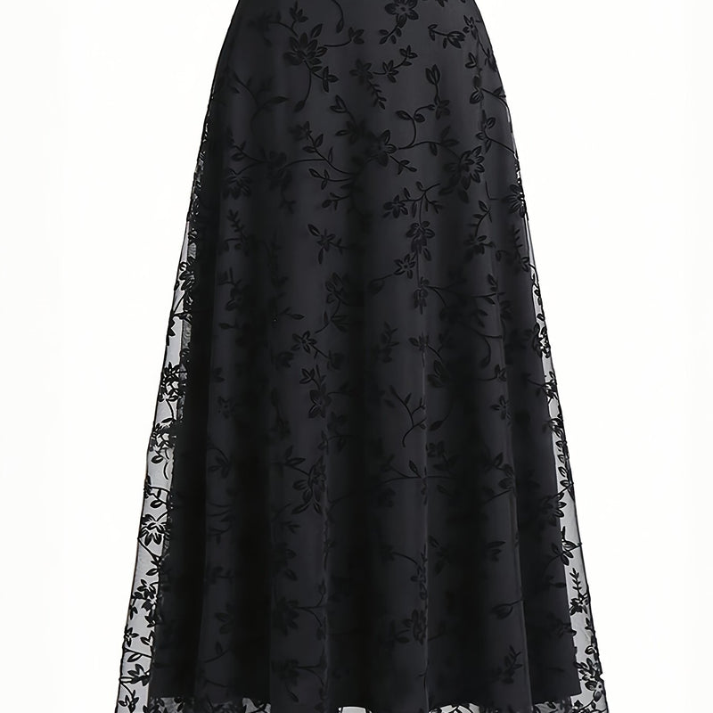Elegant New High-Waisted Mesh Embroidered Skirt Loose A-Line Dress for Women.