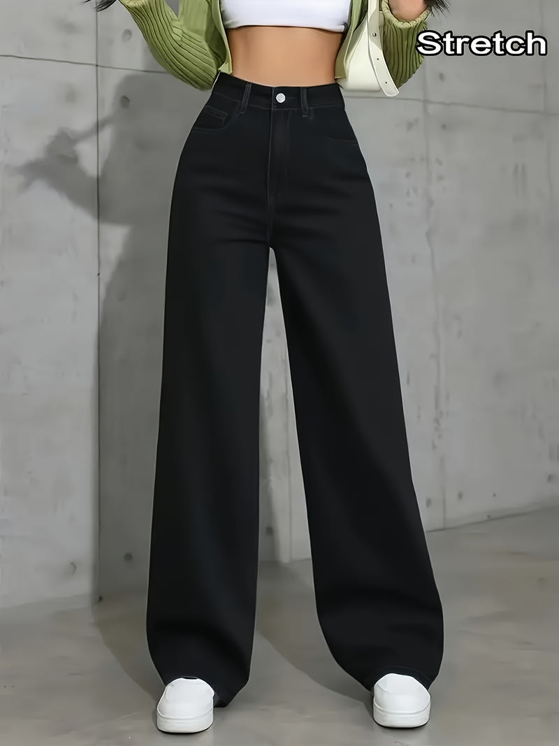 Ladies' Black Wide-leg Pants, Elastic Belt and Slanted Pockets.
