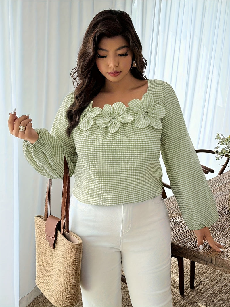 Plus Size Checkered Floral 3D Decorative Long Sleeve Women's Autumn Shirt.