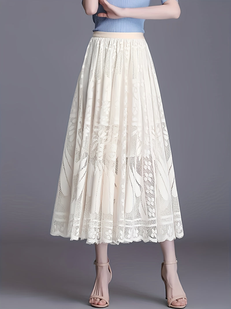 Elegant Women's A-Line Lace Skirt - Long Pleated Design.