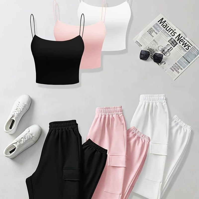 6pcs Women's Casual Short Camisole And Elastic Waist Pocket Work Pants.