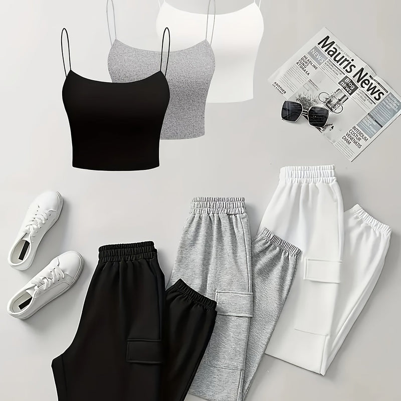 Set of 6 Items Including a Women's Thin Strap Tank Top And Solid Color Long Pants.