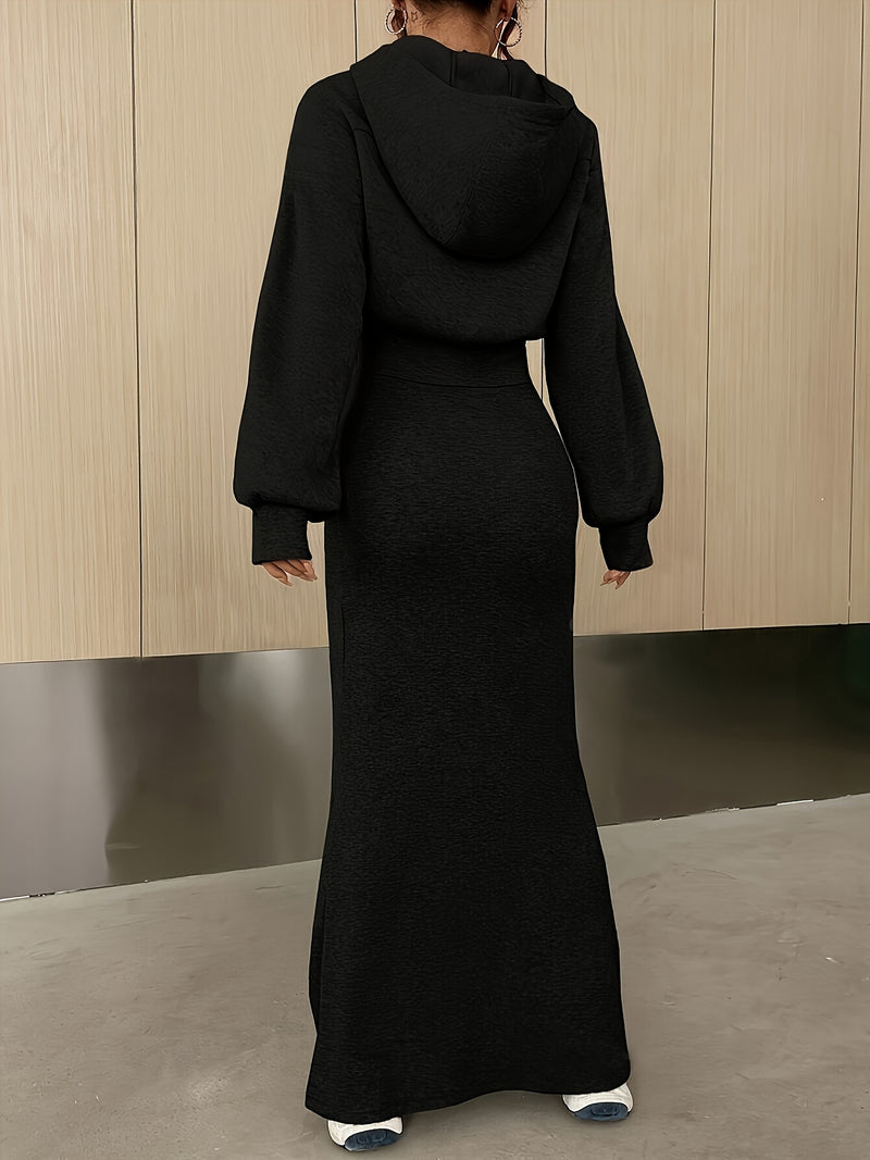 Women’s Elegant Solid Color Hoodie Jacket Paired with an Ultra-Long Dress.