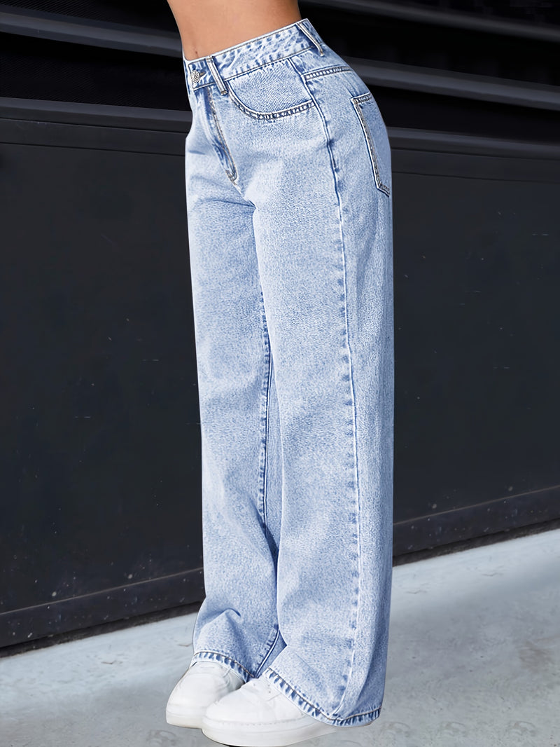 Women's Wide-Leg Washed Light Blue Oversized Wide-Leg Jeans Pants.