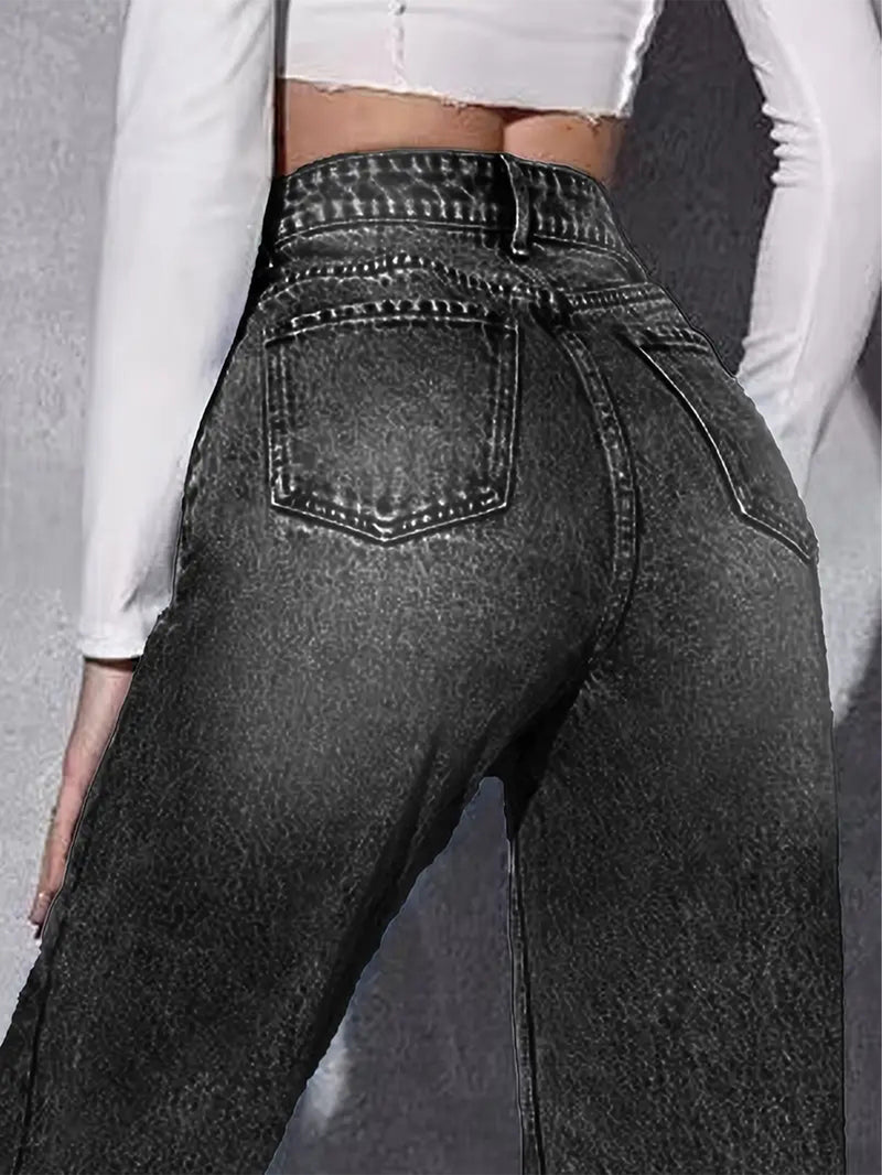 Women's Stretchy Retro Slim-Fit Straight-Leg Black Jeans.
