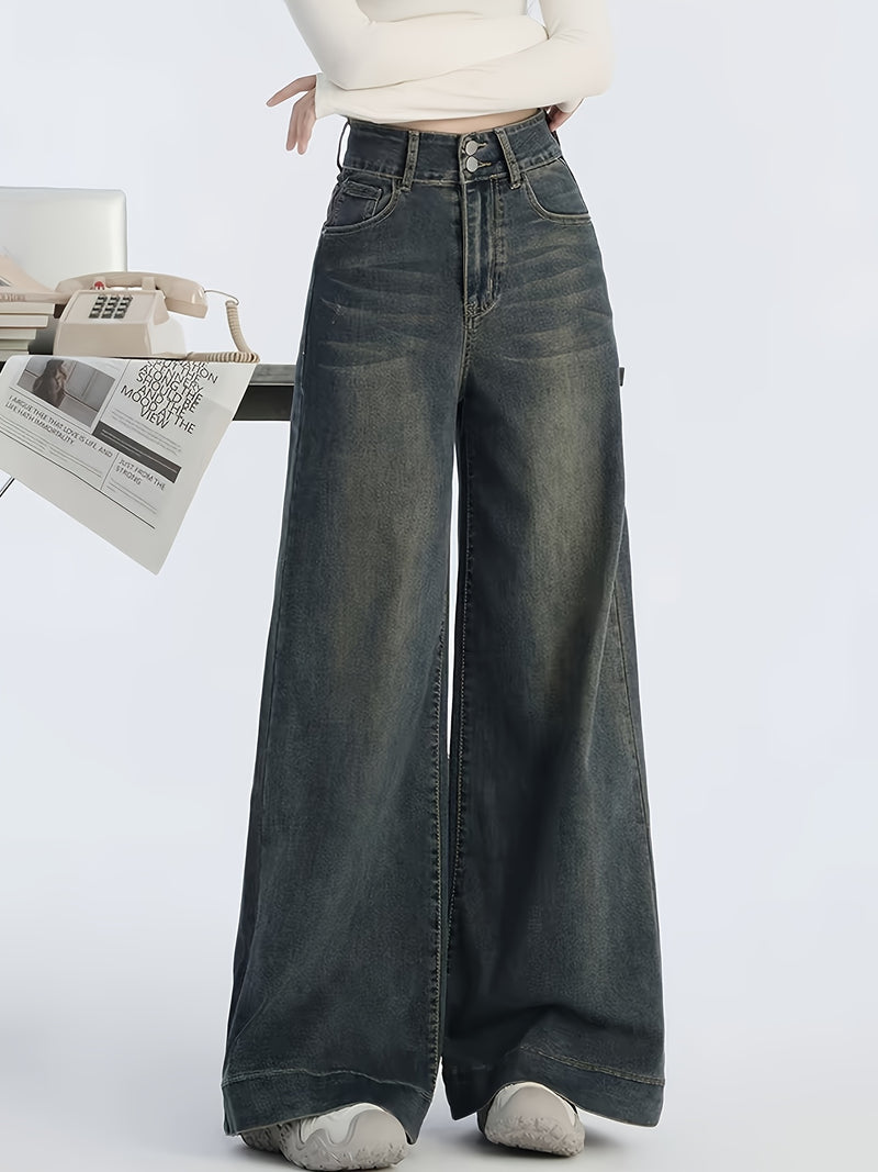Double Button Jeans - Women's Low-Rise Wide Leg Denim.