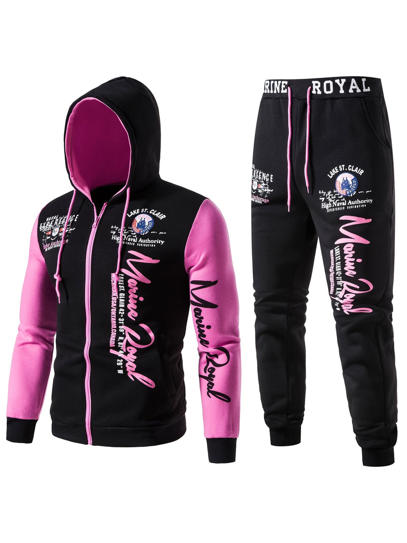 Men's Hiphop Outfit, Letter Print Long Sleeve Full-Zip Casual Jacket And Loose Jogger Pants.