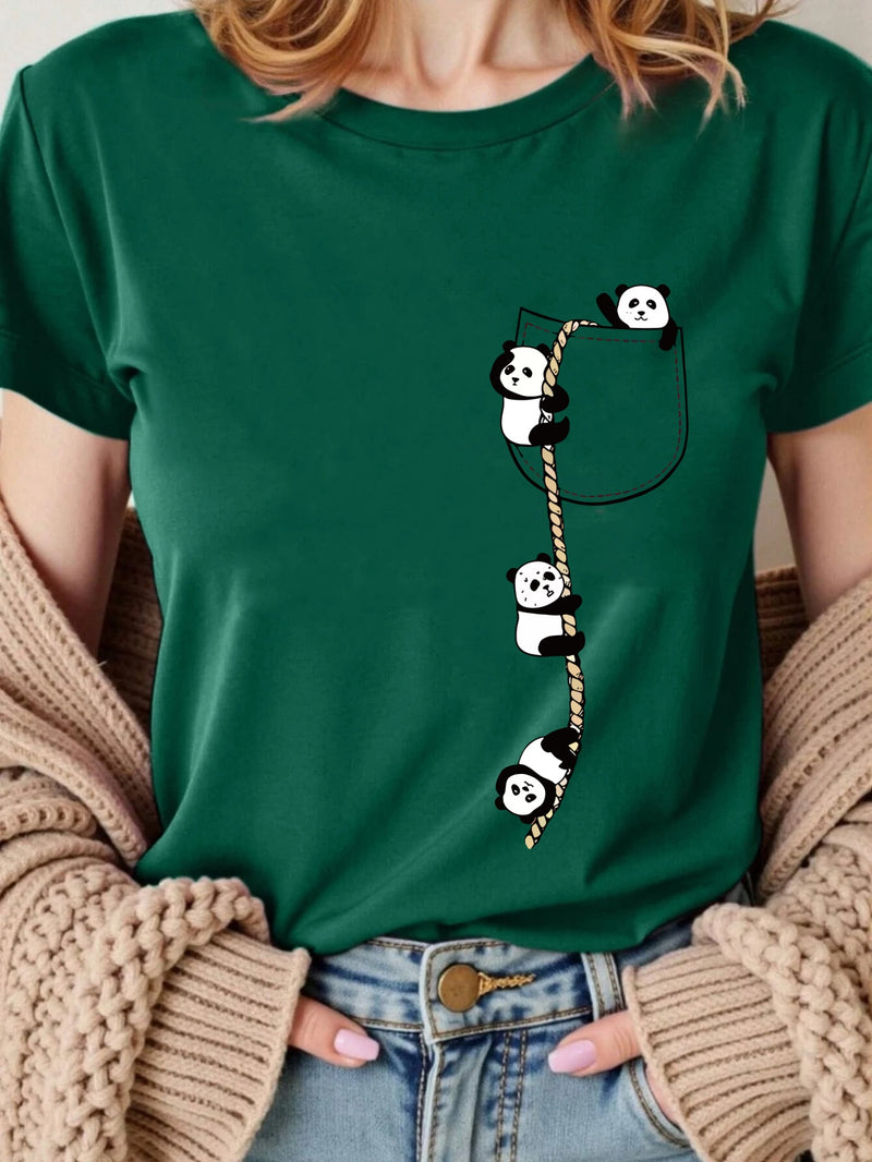 Women’s  Pocket Panda Climbing Rope Cute Pattern Print Fashion Crew Neck T-Shirt.