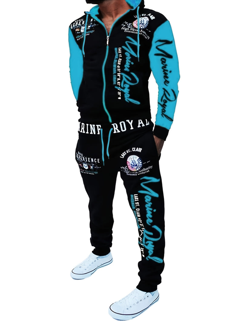 Men's Hiphop Outfit, Letter Print Long Sleeve Full-Zip Casual Jacket And Loose Jogger Pants.