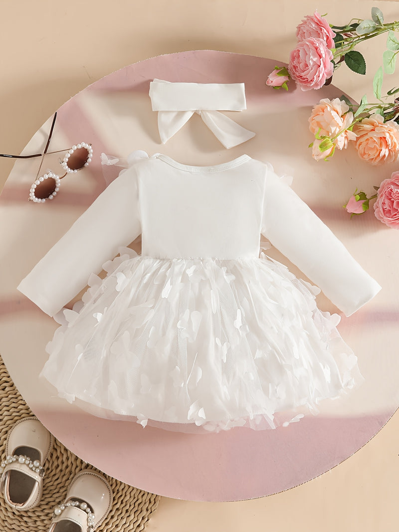 Newborn Baby Girl White Christening Gown Long-Sleeved Dress.