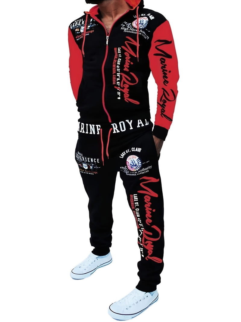 Men's Hiphop Outfit, Letter Print Long Sleeve Full-Zip Casual Jacket And Loose Jogger Pants.