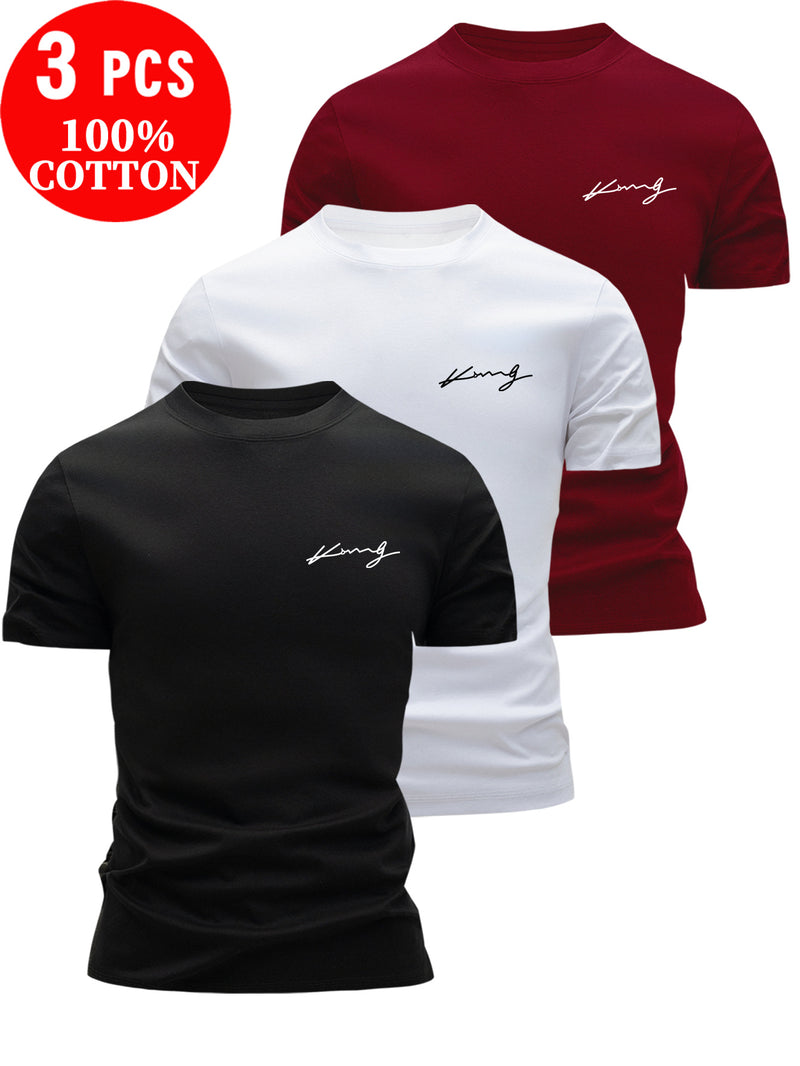 3pcs Cotton T-Shirts, Men's Crew Neck Short Sleeve Tees.