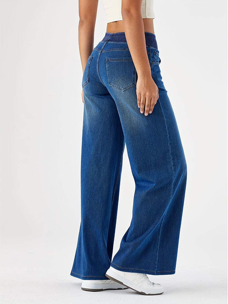 Women's Elastic Waist High-Waisted Wide-Leg Jeans.
