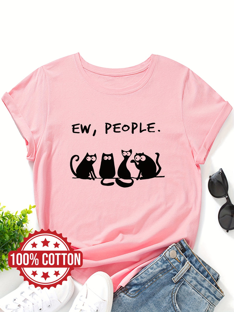 Women’s cat Print Ladies' T-shirt Casual Top for Summer & Spring.