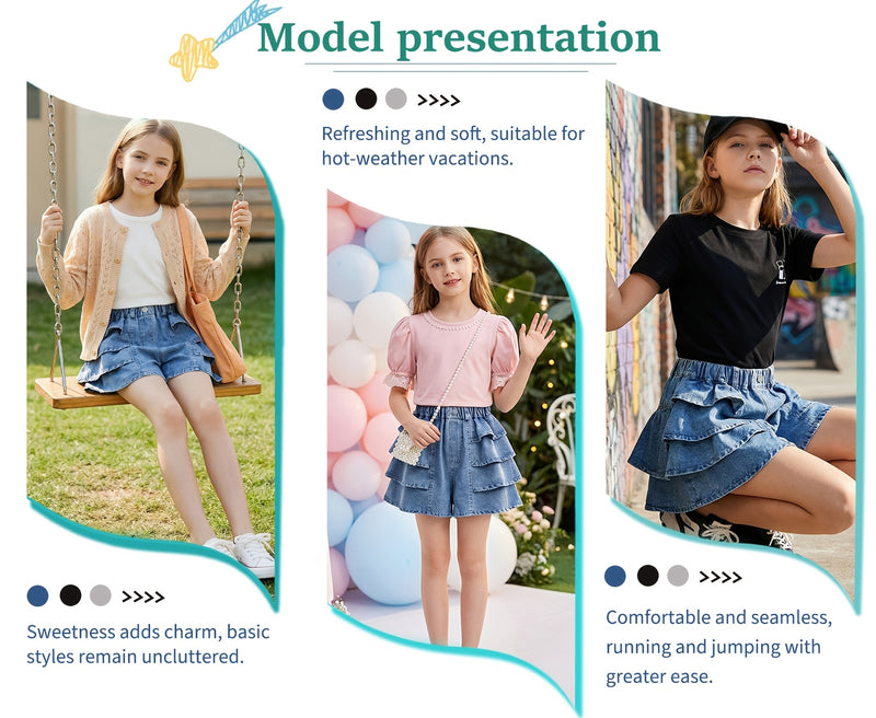 Girls' Summer Fashion Versatile Ruffle-trim Denim Shorts, Comfortable Lightweight.