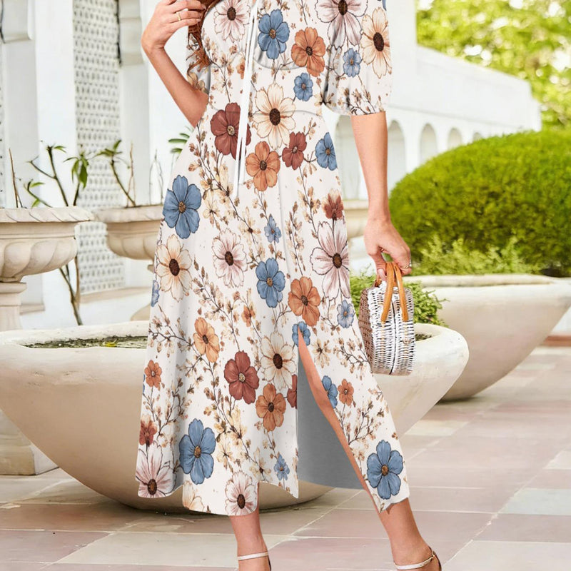Elegant Square-Neck Puff-Sleeve Long Dress for Women.