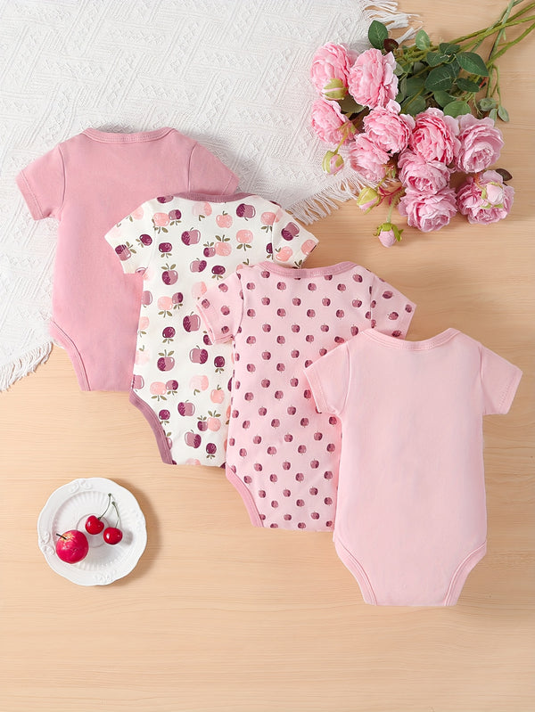 Girls' 4pcs Set of Triangle Bodysuits with Cute Patterns.
