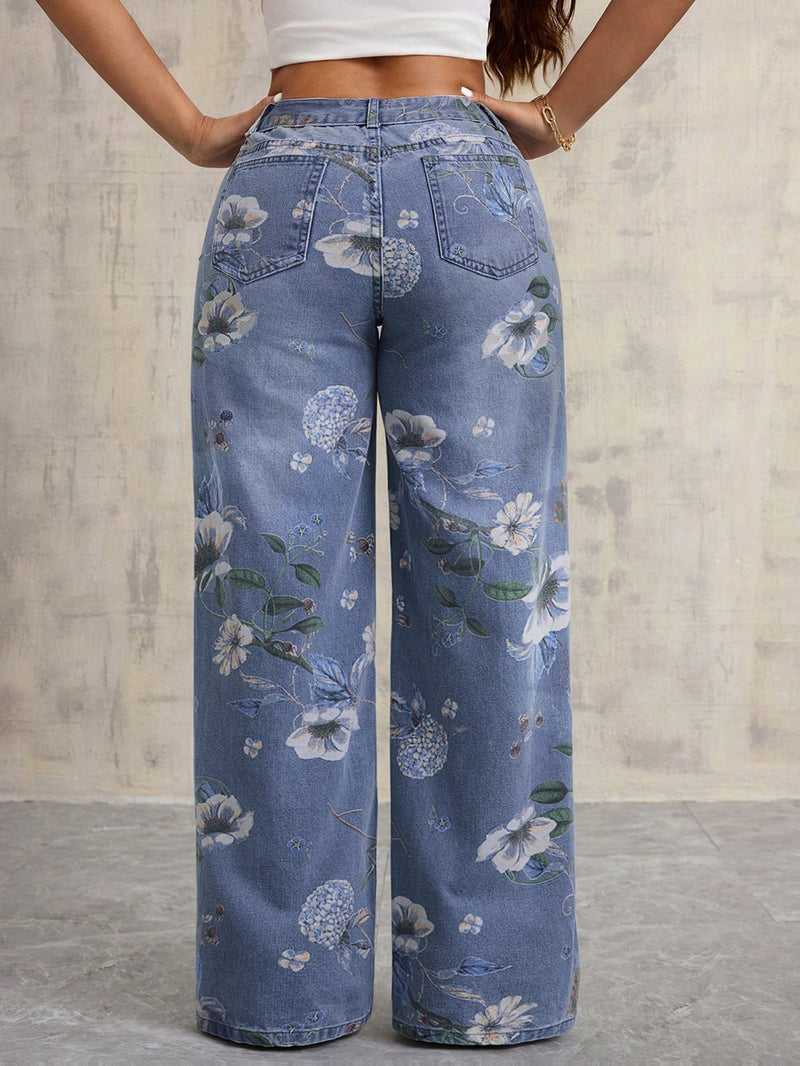 Vintage Floral Print Wide-leg Jeans for Women.
